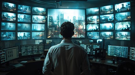 Aufkleber - A high-tech security control room with multiple screens displaying live footage from different parts of the facility, guards in white shirts is working.