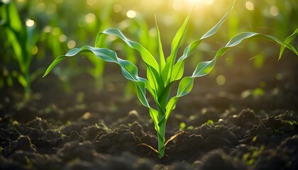 Wall Mural - Vibrant close-up of young corn sprouts breaking through rich soil, showcasing agricultural growth and the promise of new life in the fields.