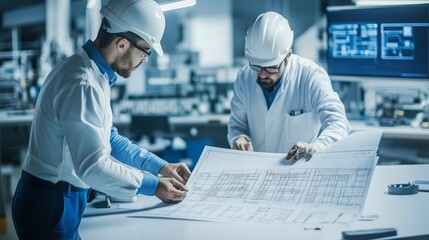 Poster - Engineers reviewing architectural blueprints in a modern office environment during a collaborative design meeting