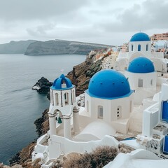 Iconic Greek Island Charm Dazzling Blue and White Architecture Against a Scenic Island Backdrop