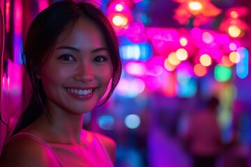 Wall Mural - Woman is smiling at the camera in a neon colored room. She is wearing a white tank top. colorful clothes shoulders covered, a human silhouette smiling feeling joyfull, violet colors