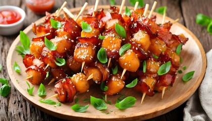 Wall Mural - Savory Bacon Wrapped Cassava Skewers with Delicious Cassava Medallions