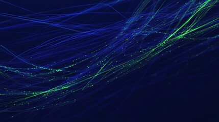 Poster - Abstract blue and green particles flowing and creating a dynamic lines structure. Perfect as a technology or science background