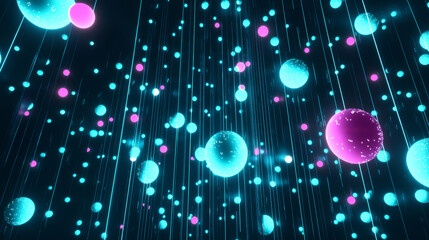 Poster - Abstract background with glowing spheres falling down along strings of light, creating a beautiful digital network effect
