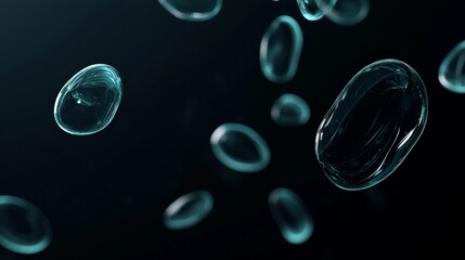 Poster - Transparent spheres with a turquoise glow float gracefully in a deep black background, exuding modernity and elegance