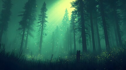 Poster - A dense misty pine forest with tall trees reaching up towards the heavens where the ethereal sunlight filters through the fog and mist creating a serene and enchanting atmosphere