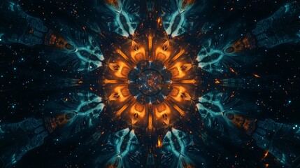 Poster - Abstract symmetrical image creating a kaleidoscopic effect with orange and teal colors over a dark background. The design is reminiscent of a galaxy with stars