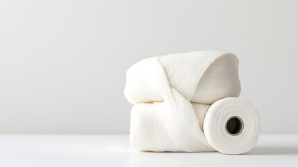 Aufkleber - A folded mummy wrap and roll of bandages creating a subtle contrast and elegant composition on a stark white background surface  The medical and healthcare themed image has a clean minimalist