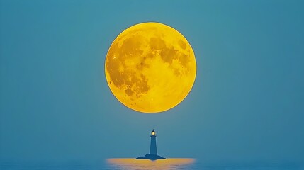 Aufkleber - A full moon rising over a calm serene ocean with a picturesque lighthouse standing tall in the distance creating a breathtaking and tranquil coastal landscape