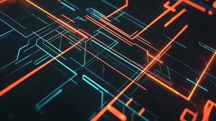 Wall Mural - Orange and teal glowing lines are creating a technological pattern on a dark background. Perfect for any project requiring an abstract and futuristic look