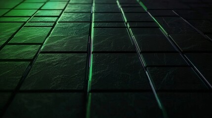 Poster - Captivating green light glows on dark square tiles, creating a mysterious and futuristic atmosphere with modern architecture and abstract patterns
