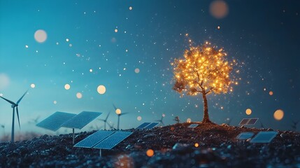 Poster - A glowing tree with its branches formed by solar panels and wind turbines symbolizing the innovative of renewable energy technologies and a sustainable future for our environment