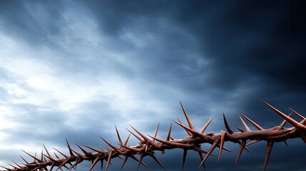 A crown of thorns, formed from sharp metal, lies with angled nails beneath a ray of light in a dark room, evoking feelings of drama and suffering in this intimate perspective