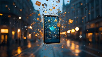Fototapete - A glowing smartphone screen with messages and likes appearing as luminous light particles floating and swirling through the air in a dynamic ethereal digital display