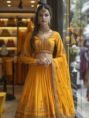 Poster - Beautiful woman wear Indian ethnic wear, Premium boutique with yellow environment lights.