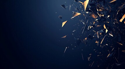 Poster - Sharp metallic shards are flying through the air, catching the light as they explode from a central point against a dark blue background