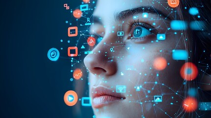 Poster - A person s face illuminated by multiple colorful digital notifications visually representing the profound impact of technology and digital connections in our modern world