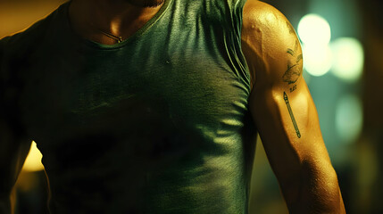 Close-up of a muscular arm showcasing tattoos and texture, emphasizing strength and individuality.