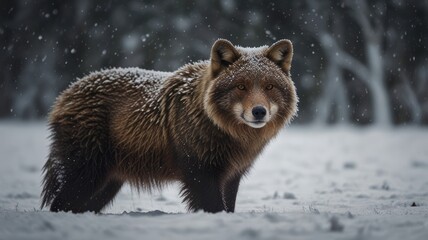 Poster - A lone wolf stands in a snowy field, looking directly at the camera with a serious expression.