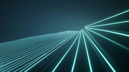 Poster - Abstract image featuring glowing neon lines converging towards the horizon, creating a sense of depth and perspective. The vibrant turquoise lines stand out against the dark background