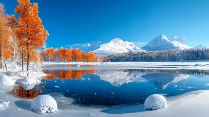 Poster - A serene frozen lake surrounded by snow covered trees with distant mountains reflected in the glassy surface  This picturesque winter landscape captures the tranquil beauty of a remote