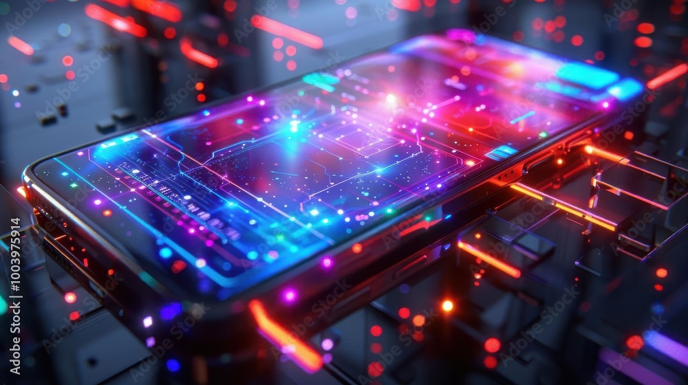 Close-up of a futuristic smartphone with glowing circuit board elements, representing advanced technology and communication in a digital world.