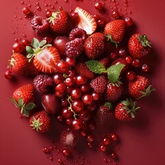 Mix between red grape and red berries and strawberries on a red background, with fresh slices of grape spreading around