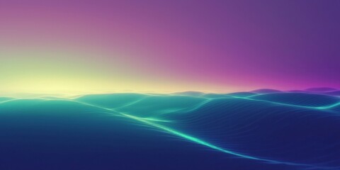 Poster - Abstract neon landscape with glowing lines forming waves under a colorful sky. Perfect for technology, music or video game visuals