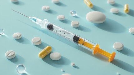 Poster - A syringe is on a table with many pills