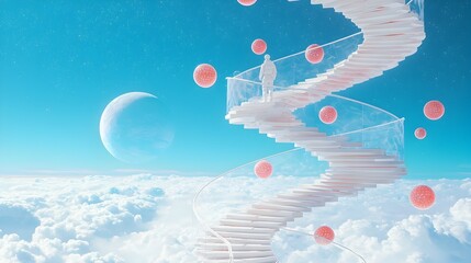 Leinwandbilder - A spiral staircase made entirely of colorful chat bubbles leading upwards into an open bright sky  This abstract digital represents the concepts of communication technology and the flow of ideas