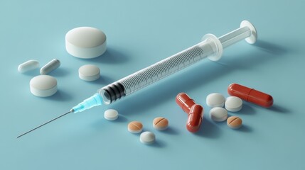 Poster - A syringe is next to a bunch of pills