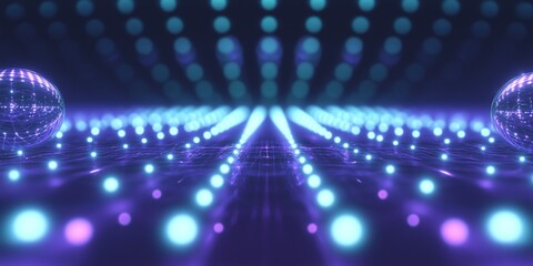 Poster - Glowing blue and purple lights forming a data stream with two futuristic spheres on each side, perfect for illustrating concepts like big data, artificial intelligence, or the metaverse