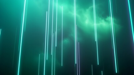 Poster - Graceful green neon lights cascade from a cloudy sky, creating a mesmerizing backdrop with vibrant hues and futuristic design