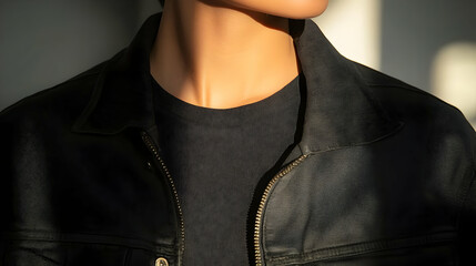 Poster - Close-up of a person's neck and upper body wearing a black jacket in soft natural light.