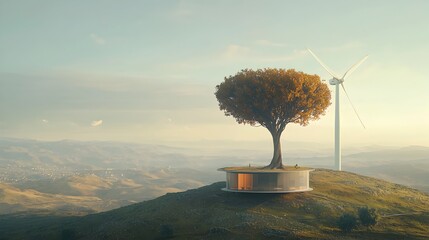 Poster - A towering wind turbine with blades that seamlessly transform into graceful tree branches symbolizing the harmony between renewable energy and the natural world