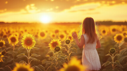 A young girl standing in a sunflower field at sunset.