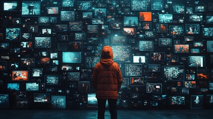 Aufkleber - A wall of stacked cubes each displaying a snippet of a post or chat creating an abstract digital mosaic pattern