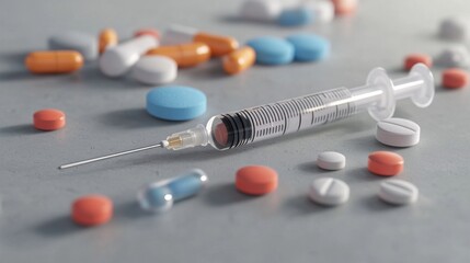 Poster - A syringe is on a table with many different colored pills