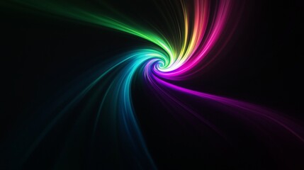 Poster - Swirling bright lines create a mesmerizing vortex of light on a black background, flowing in a dynamic pattern with rainbow hues and shiny textures, exuding movement and brilliance