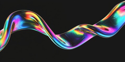 Poster - Colorful, iridescent fluid form is twisting and swirling against a black backdrop, its smooth surface reflecting a spectrum of vibrant hues