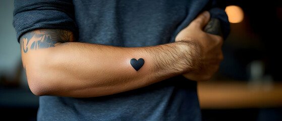 Close-up of a man's arm with a black heart tattoo, showcasing personal expression and body art.