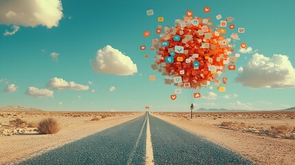Aufkleber - An abstract road leading into the distance lined with signs showing likes comments and shares symbolizing the digital landscape of social media engagement and its endless potential for connectivity