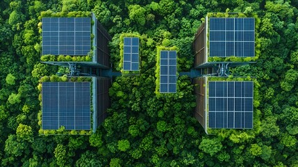 Poster - An urban cityscape where the skyscrapers have green roofs covered in solar panels blending nature with alternative energy for a sustainable future