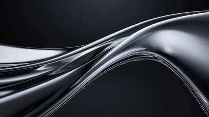 Poster - Sleek, modern metallic shape flows gracefully against a dark background, creating an elegant design with shimmering silver reflections