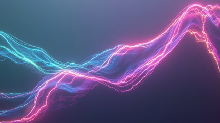 Poster - Graceful blue and pink neon light trails flow on a dark background, creating a mesmerizing design with vibrant colors and wavy patterns, giving off an electric and energetic vibe