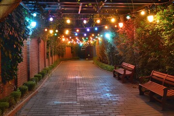 A walkway with a brick path and benches