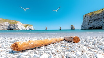 Poster - Breathtaking rocky beach landscape with drifting seagulls weathered driftwood and serene ocean views  A peaceful and tranquil coastal scene evoking a sense of natural harmony