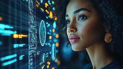Poster - Young woman engaged with interactive digital display in a modern tech environment at night