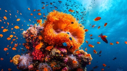 Aufkleber - Breathtaking Underwater Panorama of a Vibrant Coral Reef Ecosystem Filled with Colorful Schools of Fish Swimming through the Crystal Clear Waters