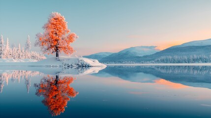 Poster - Breathtaking winter landscape featuring a frozen lake with stunning reflections of snow covered trees and distant snow capped mountains in the distance creating a serene and tranquil scene